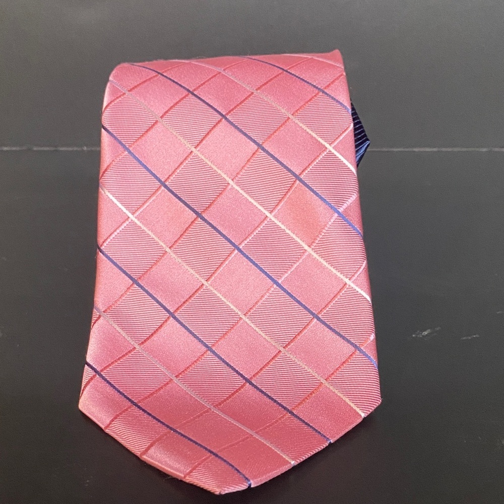 Tommy Hilfiger Silk Check Brocade Tie Shell Pink & Navy USA Made